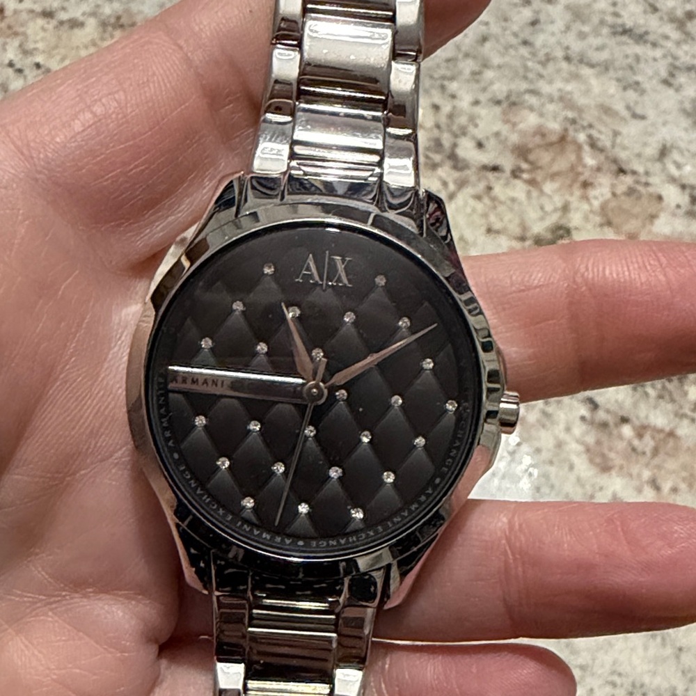 Armani Exchange Crystal Quilted Black Dial Silver Watch